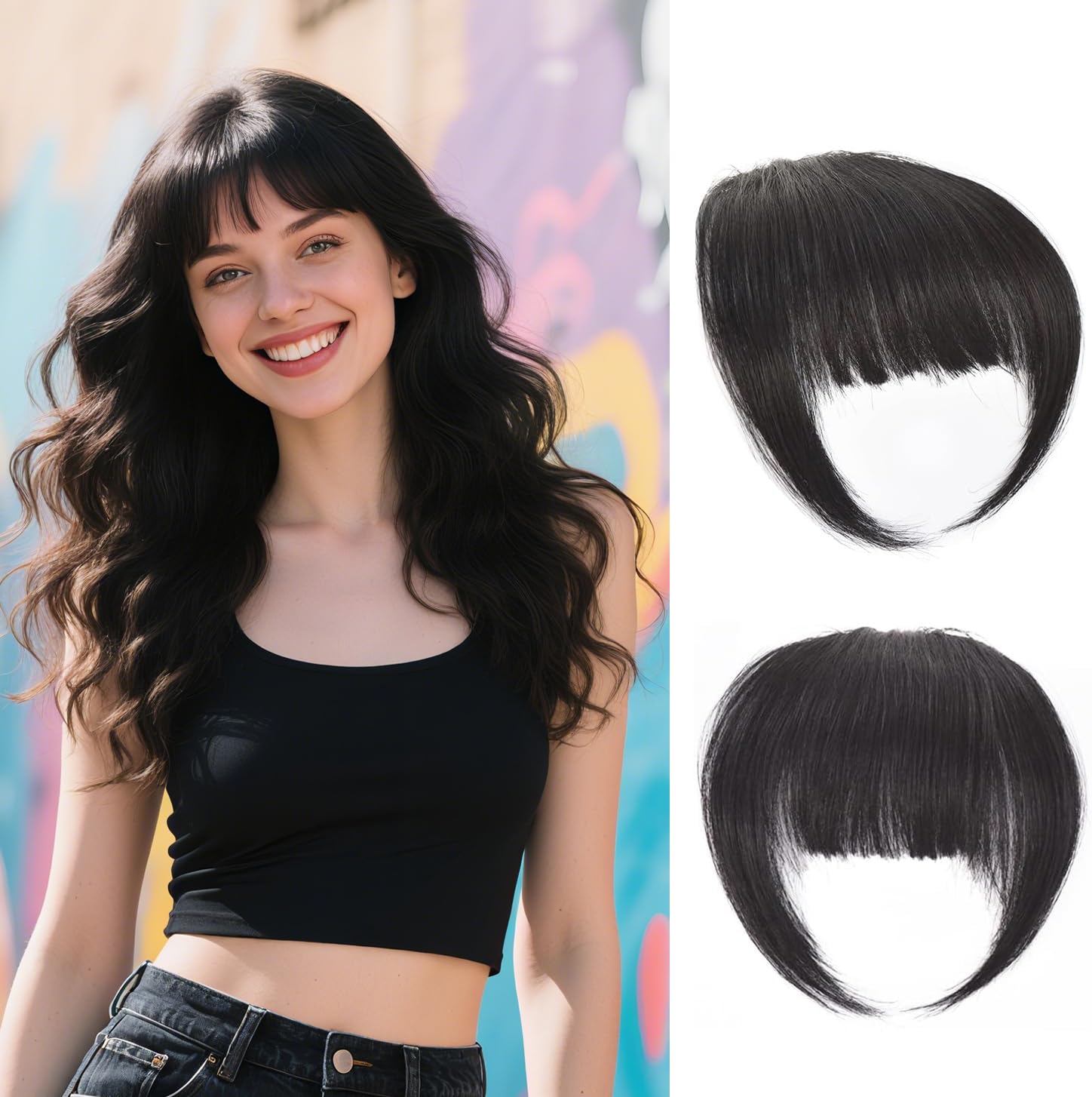 Clip in Bangs 100% Human Hair in Hair extensions Fringe with Temples Clip Hairpieces for Party and Daily Wear（French Bangs,Natural Color)
