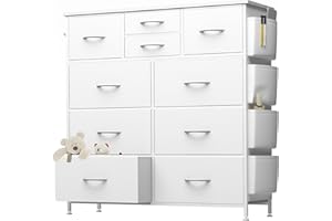 YaFiti 10 Drawer Dresser, Chest of Drawers for Bedroom, PU Dresser with Side Pockets, Hooks, Wooden Top and Sturdy Metal Frame for Living Room, Closet, Hallway (White)
