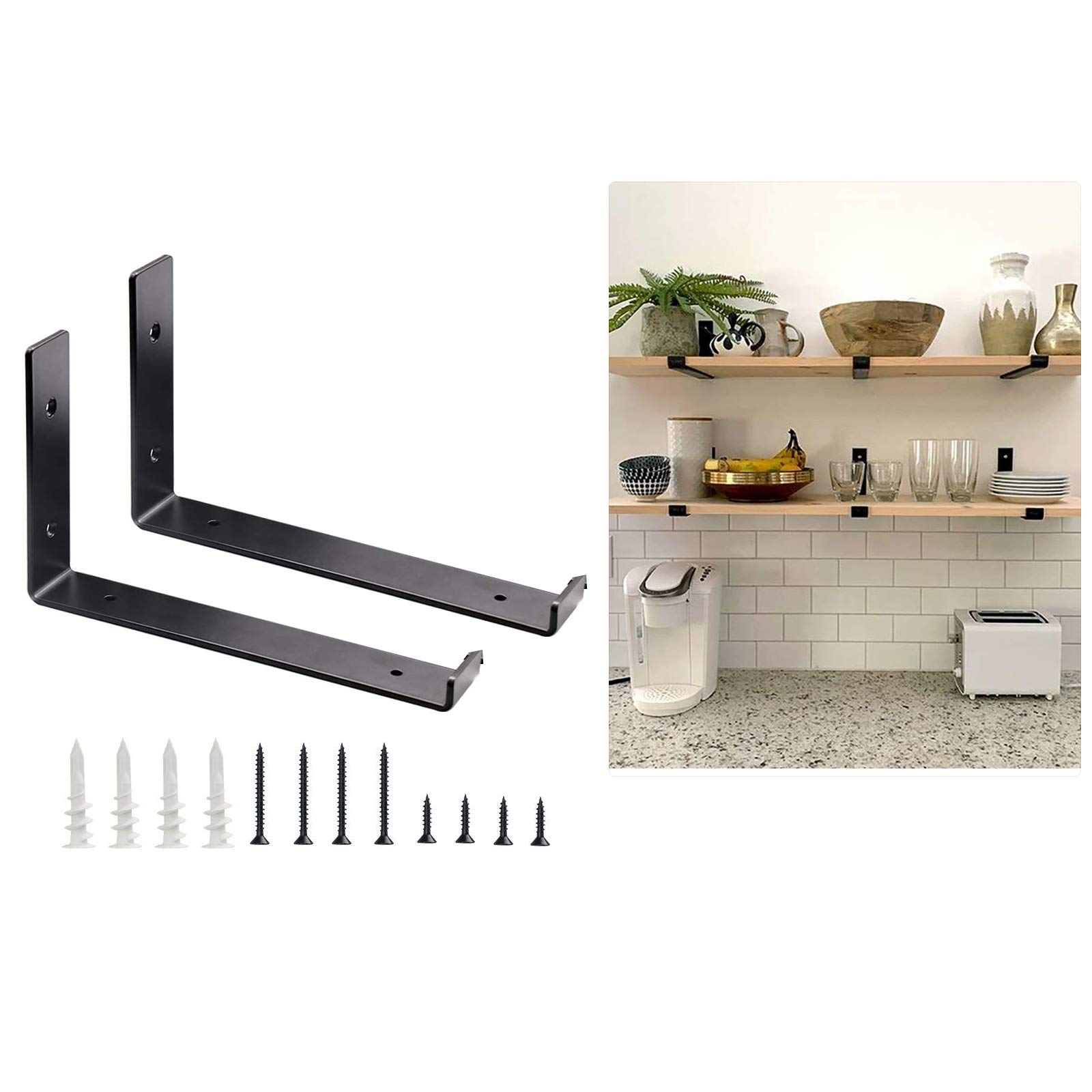 2 Pieces Iron Wall Mounted Rustic Shelving Supports, Industrial Lip Floating Shelves Bracket, Black Metal Shelve Brackets for DIY Open Shelving, for Kitchen, Bedroom, Living Room(30 x 4 x 15cm)