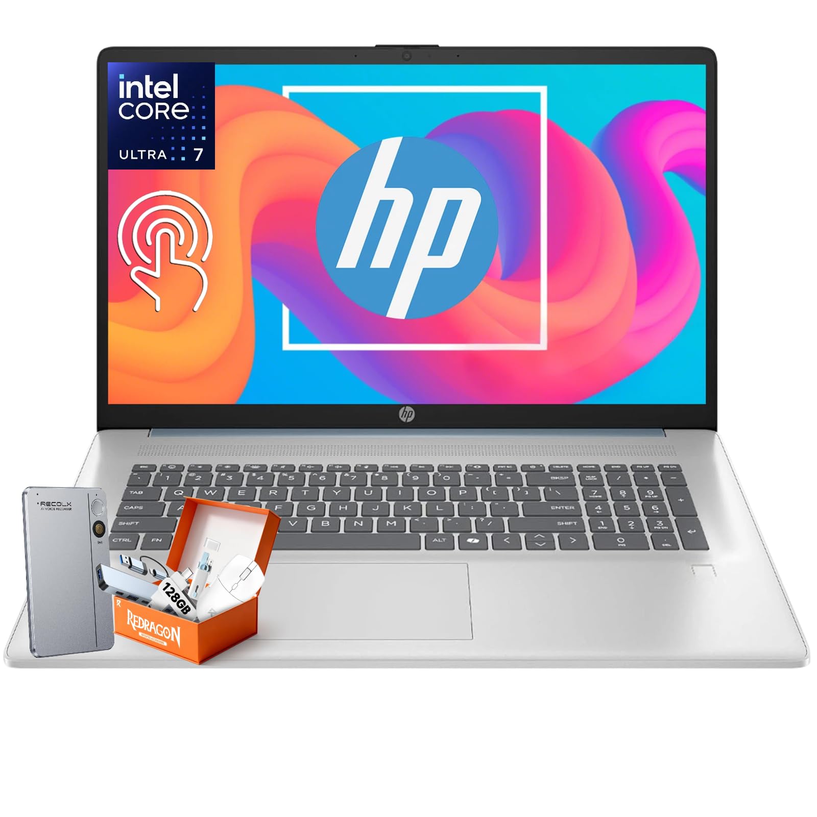 HP 17.3 Touchscreen Laptop for Business, Intel Ultra 7 255U Up to 5.2GHz, 32GB DDR5, 1TB SSD, Backlit KB, Fingerprint Reader, Wi-Fi 6, Windows 11 Pro, W/RECOLX AI Voice Recorder, REDRAGON Accessories Image
