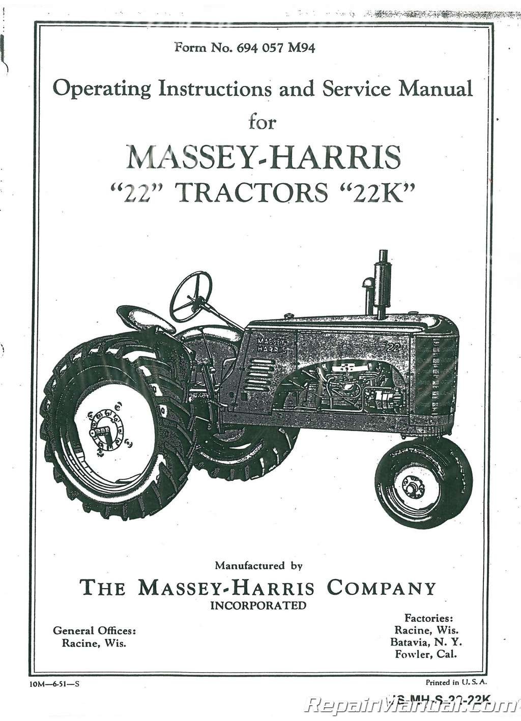 JS-MH-S-22-22K Massey Harris 22 and 22K Service Manual Paperback – 2004