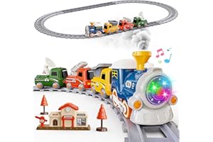 Hot Bee Train Set for Toddlers with Steam - Light Up & Sound Choo Choo Train, Electric Train Set for Toddlers, Magnetic Conne