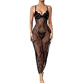 Hilinker Women's Sheer Lace Lingerie Dress Sexy Long See Through Mesh Chemise Nightgown with Thong