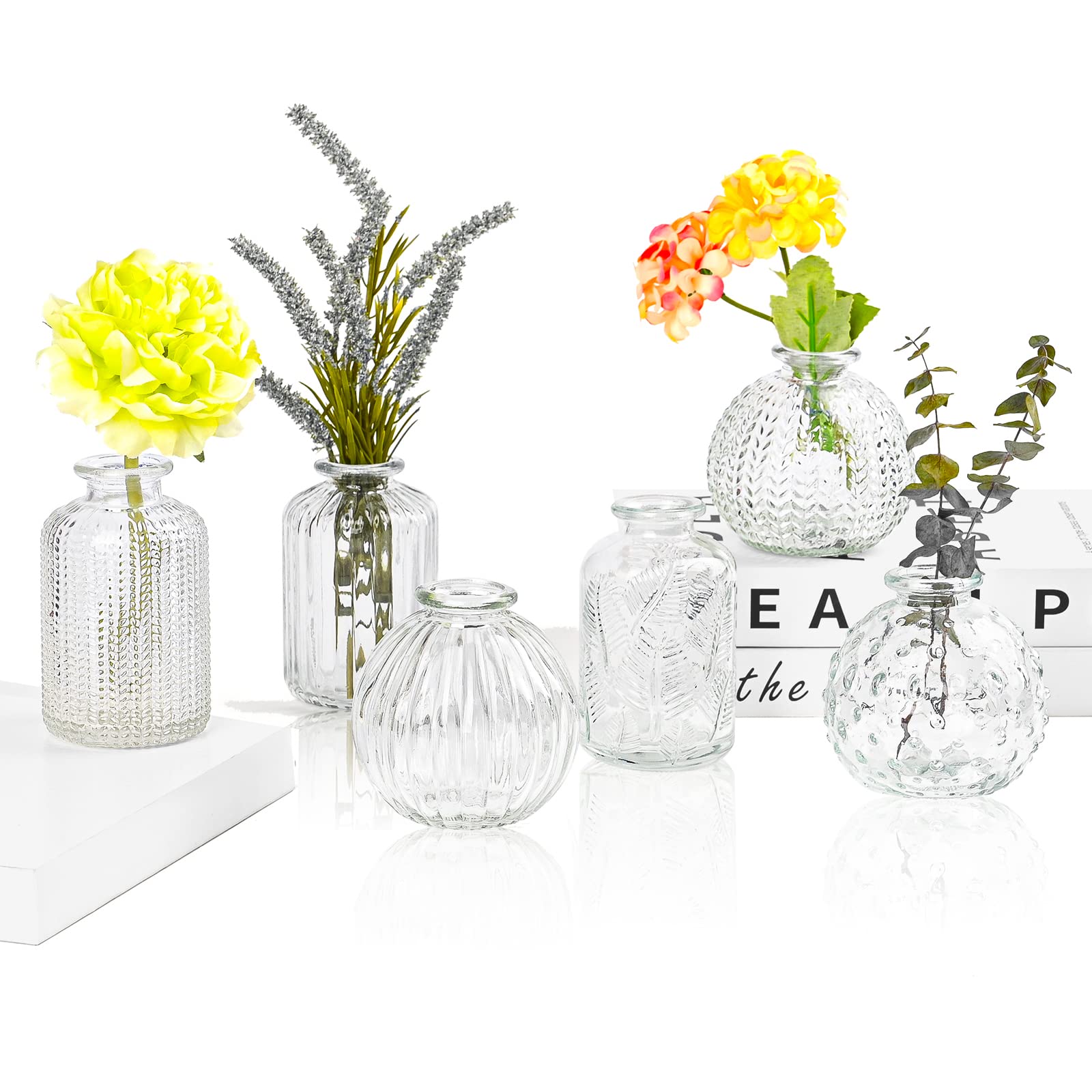 Small Vases for Flowers EylKoi - 6pcs/set Bud Vase Glass Clear Pumpkin and Vertical Stripes, Vintage Wedding Decor, Bud in Bulk for Centerpieces Single Flower Vases forHomeEvents Table,4#