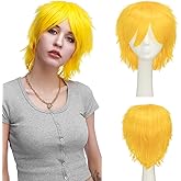 S-noilite Unisex Short Yellow Wig Women Men's Anime Layered Pixie Wigs Fluffy Straight Synthetic Hair Wig for Halloween Cosplay Costume Party (Yellow)