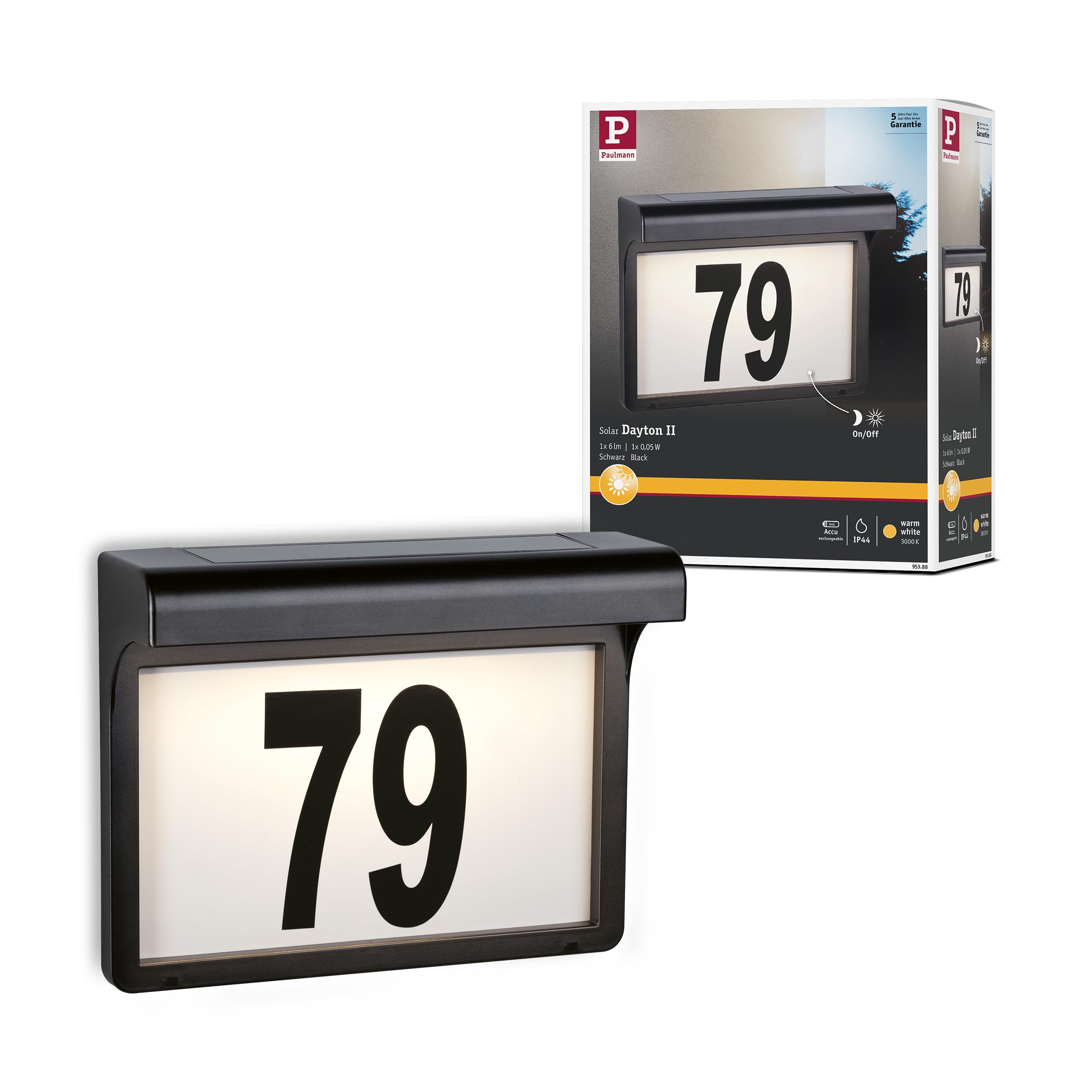 Paulmann 95388 LED Exterior luminaire Solar House Number luminaire Dayton II IP44 Warm White Rectangular incl. 1x0.05 watt Outdoor Lighting Black Outdoor lamp Plastic Garden lamp 3000 K