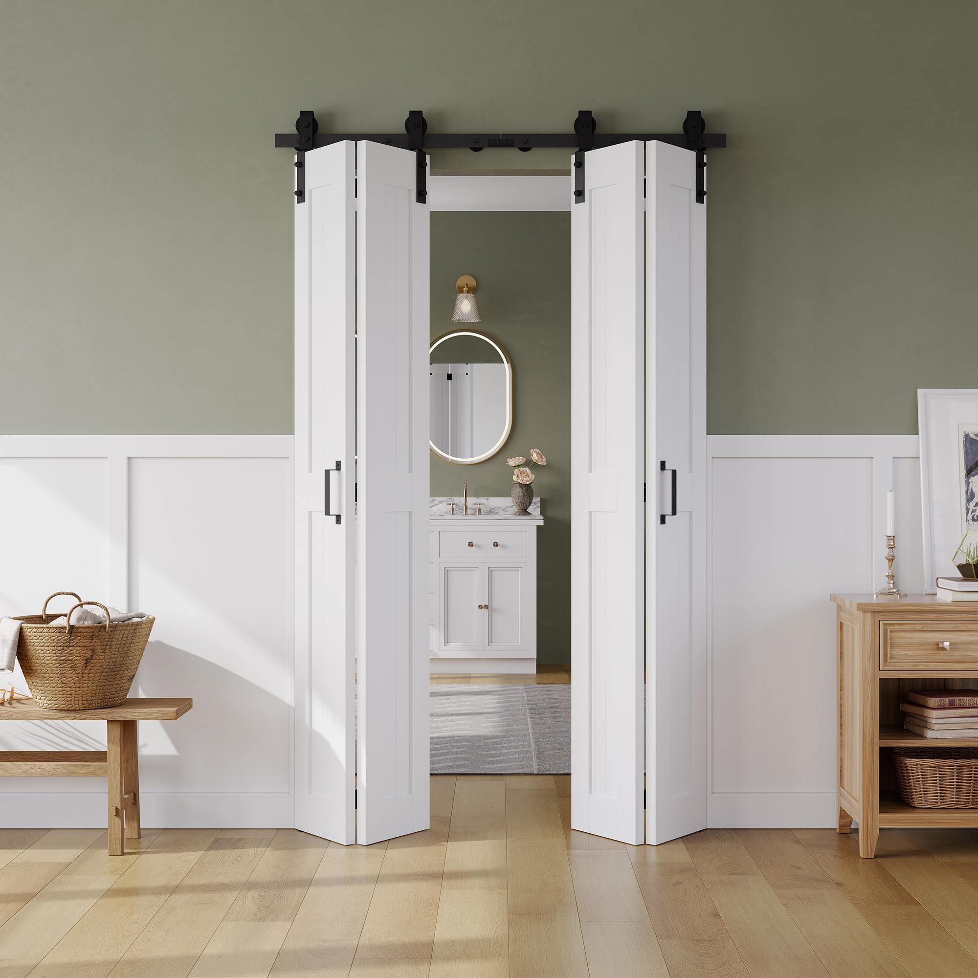 Photo 1 of *ONLY 2 PANELS* Bifold Barn Door 48" x 84", MDF Bi-Fold Sliding Closet Doors with Hardware Kit Included, Pre-Finished Easy Assembly, Water-Proof PVC Surface & Save Space, H-Frame, 56" Track for 4 Doors,White