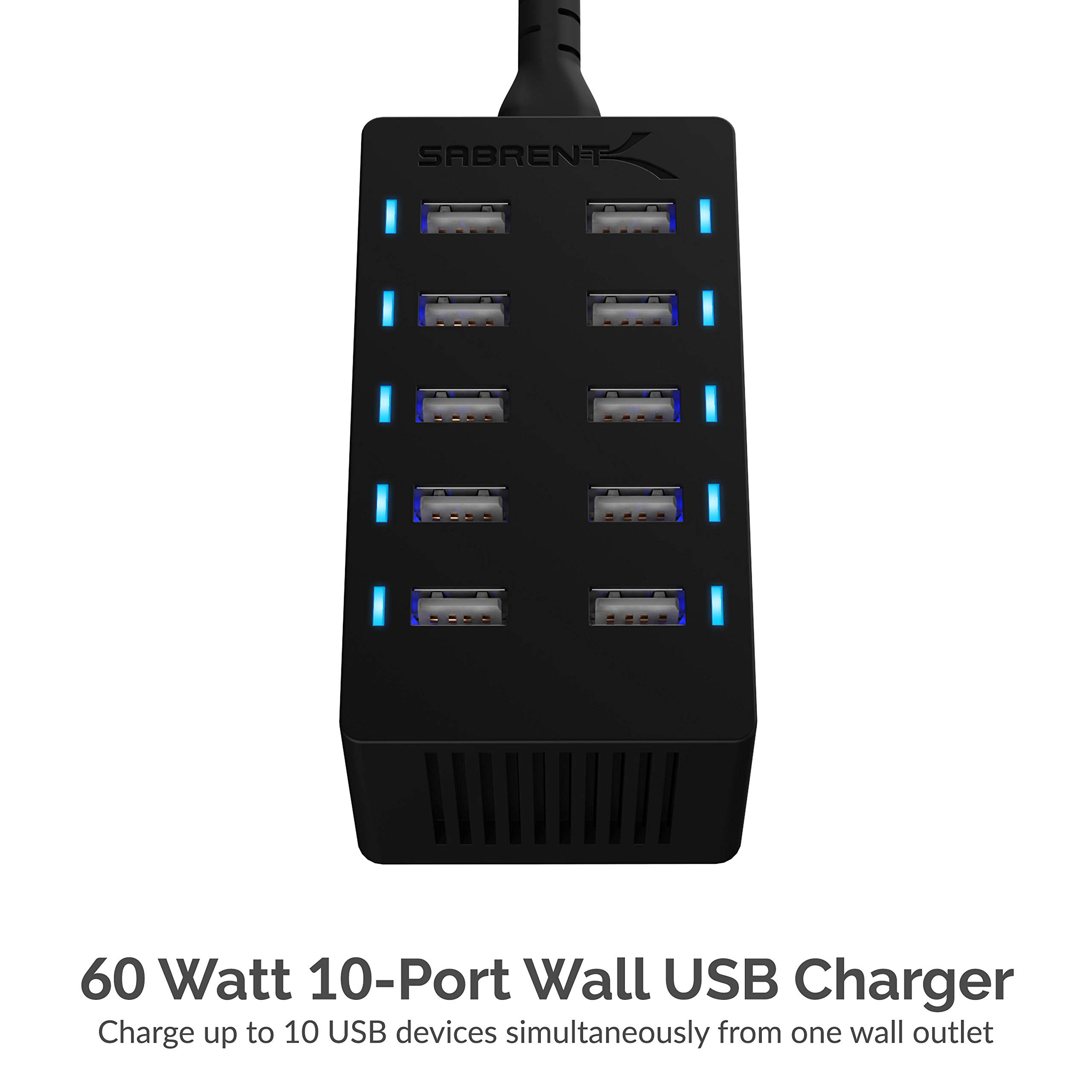Sabrent 60 Watt (12 Amp) 10-Port [UL Certified] Family-Sized Desktop USB Rapid Charger. Smart USB Ports with Auto Detect Technology [Black] (AX-TPCS)