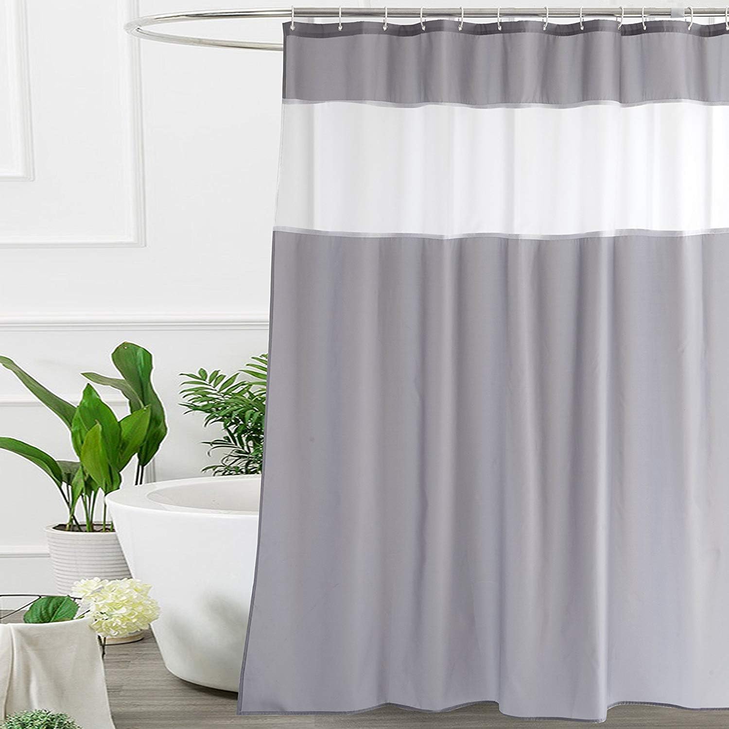 Gray Shower Curtain 72x75 Inches, Fabric Bathroom Curtain with Mesh Window Design, Weighted Bottom Hem, Water Repellent, Machine Washable