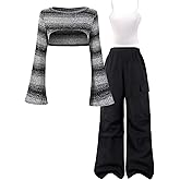 OYOANGLE Girl's Fall Clothes Cami Top and Striped Long Sleeve Knit Top with Cargo Pants Clothing Sets