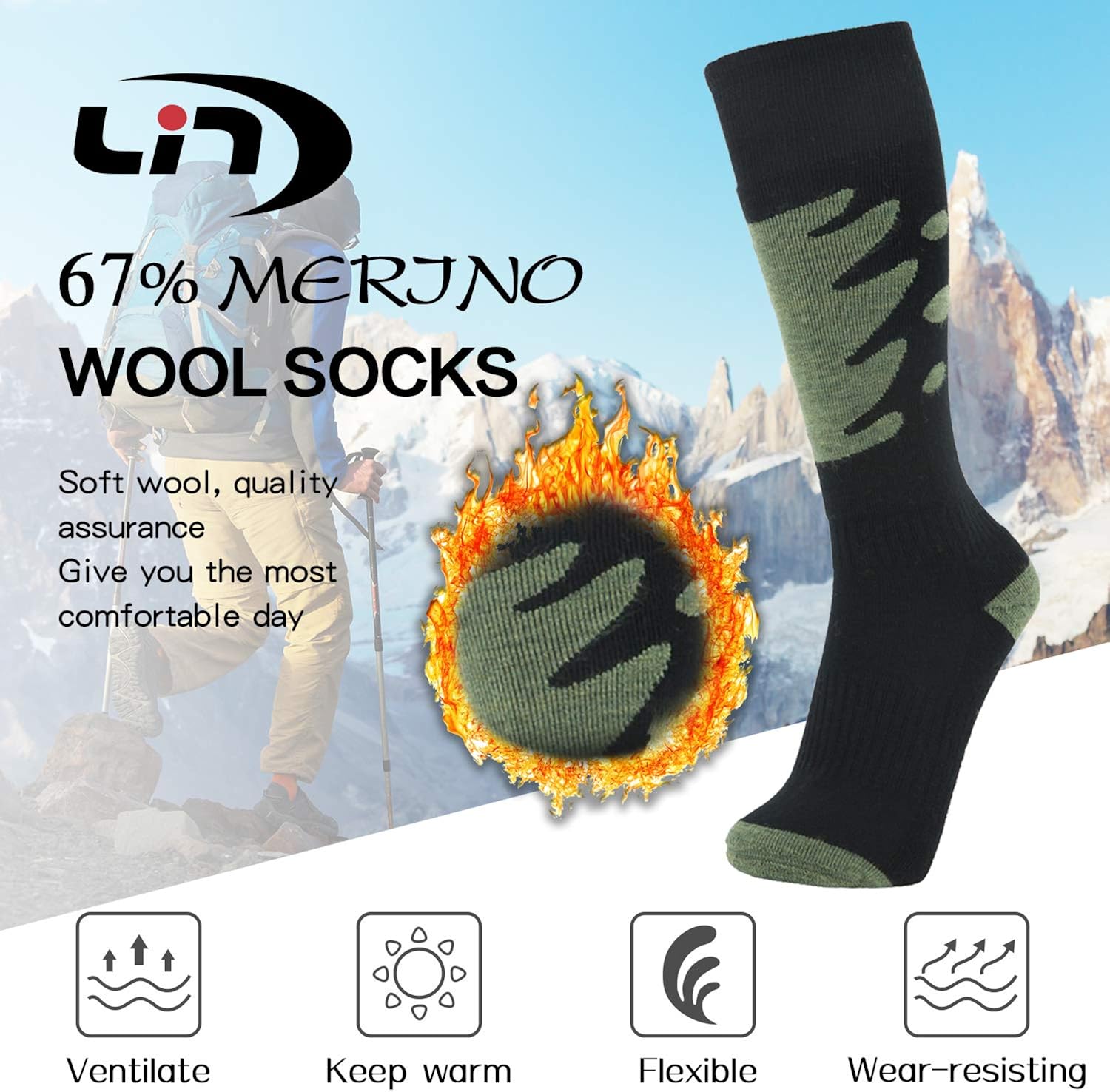 LIN 67% Merino Wool Ski Socks-Thermal Warm Knee High Cushioned Socks for Hiking Outdoor Snow Skiing Snowboard Sports : Clothing