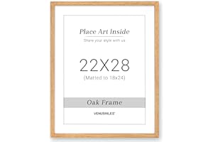 VENUSMILES 22x28 Oak Picture Frame, 22x28 inch Photo Frame Matted to 18x24 inch Poster, Tempered Glass, Natural Wood Poster Frame for Vertical and Horizontal Display on Wall and Table, Set of 1