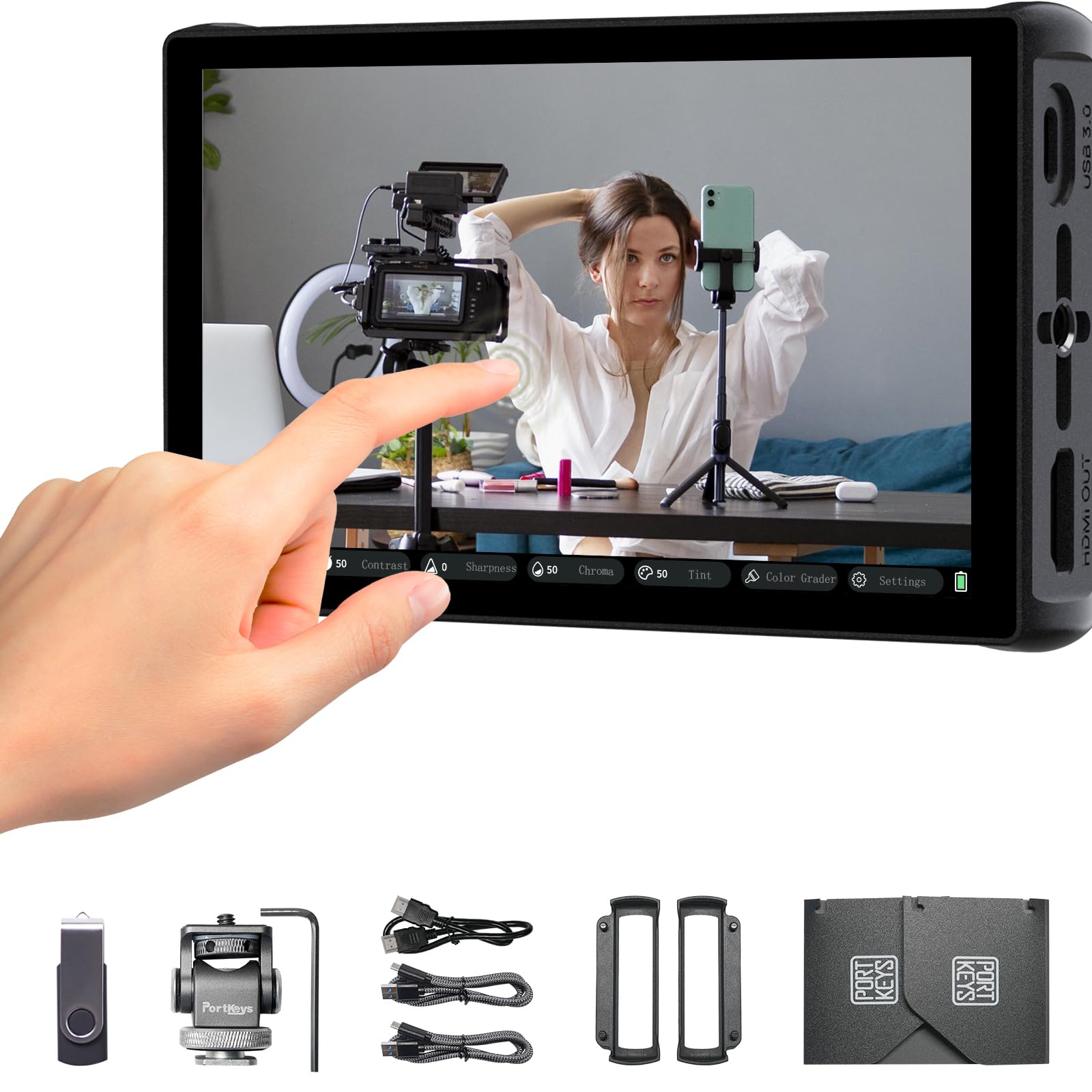 Portkeys Camera Monitor PL5 5.4" 500nit Field Monitor with Live Streaming Capture Card Vertical Shooting Stretch 360° Color Grader USB 3.0 Interface for Dlsr