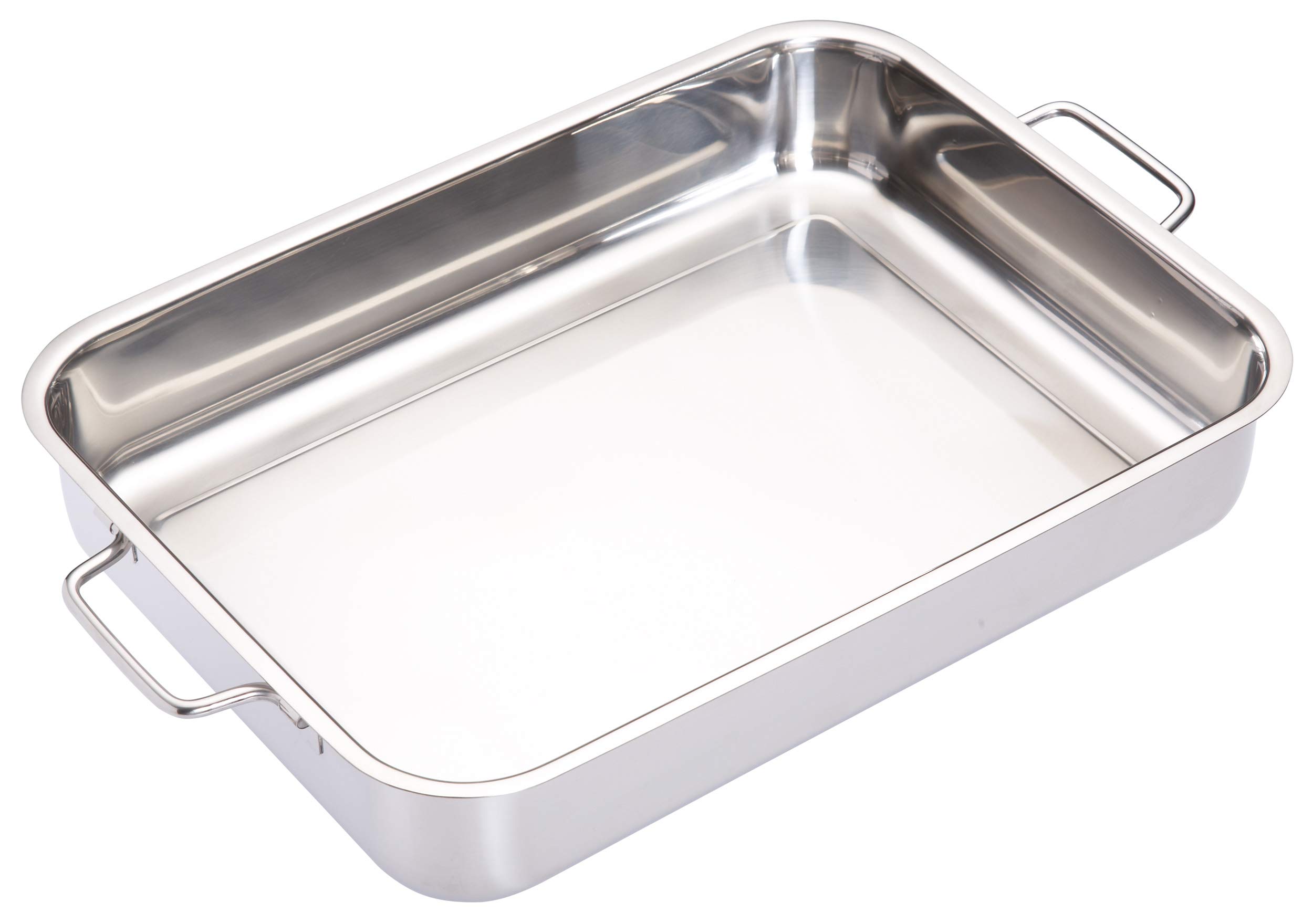 MasterClass Deep Stainless Steel Roasting Tin with Folding Handles and Hob Compatible Design, 37 x 27 x 6.5cm, Silver