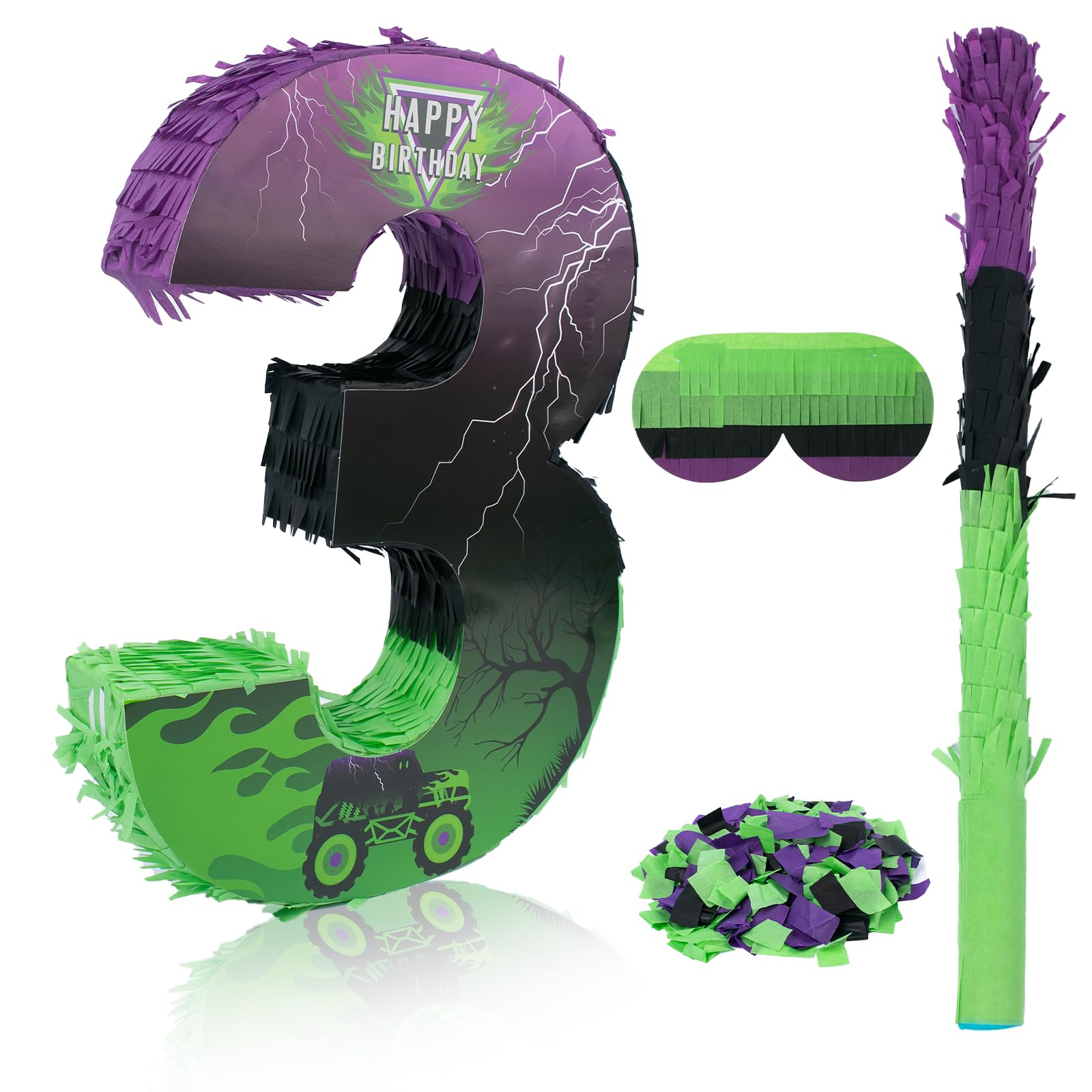 Number 3 Monster Truck Car Piñata Green and Purple Pinata for Birthday Party Decorations Number 3 with Blindfold Stick Small Monster Truck Theme 3rd Party Supplies 15.8 x 11.5 x 2.45 Inch