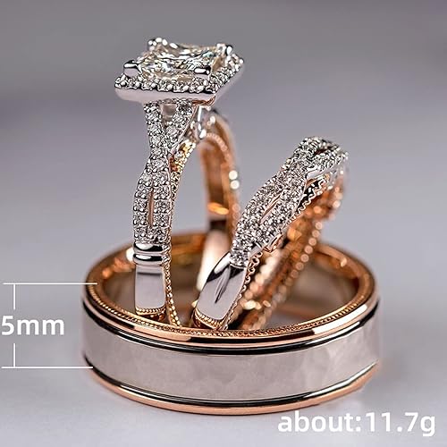 Engagement rings for couples set,3 pc His and Her Wedding Ring Set,  Hypoallergenic Rose Gold Ring Set, Cubic Z