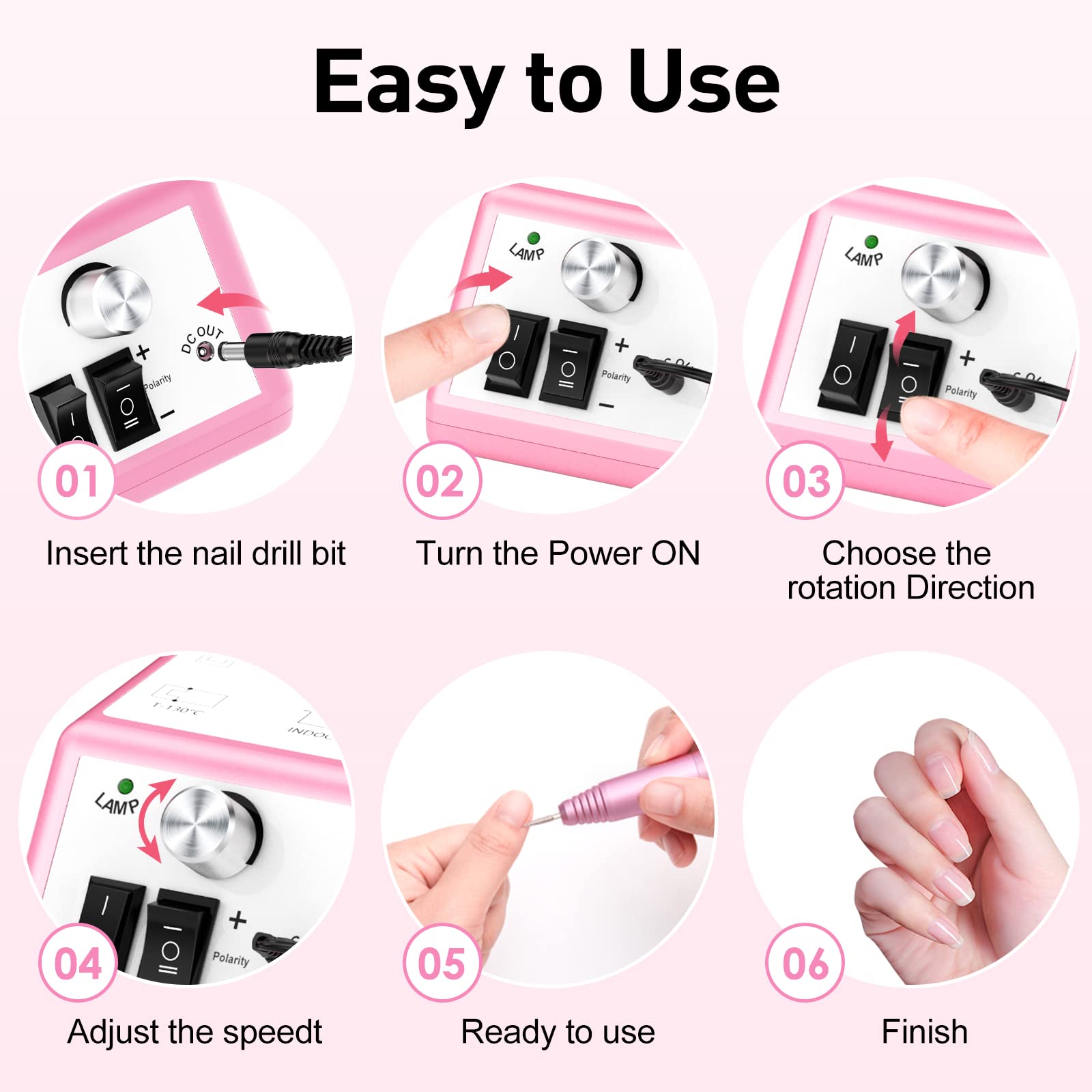 20000RPM Electric Nail Drill Professional Nail File Drill Acrylic Nails Kit for Manicure Gel Nail Polish Remover with 1 Pack of Sanding Bands(Pink) - Image 6