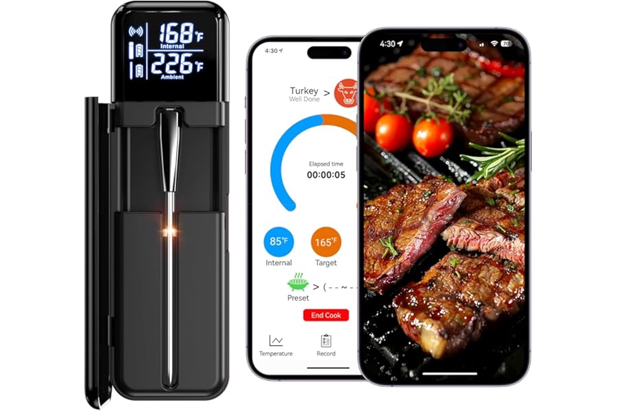 Smart Wireless Meat Thermometer, Digital Cooking Thermometer with Dual High-Accuracy Sensors, Ceramic Heat-Resistant Probe, I