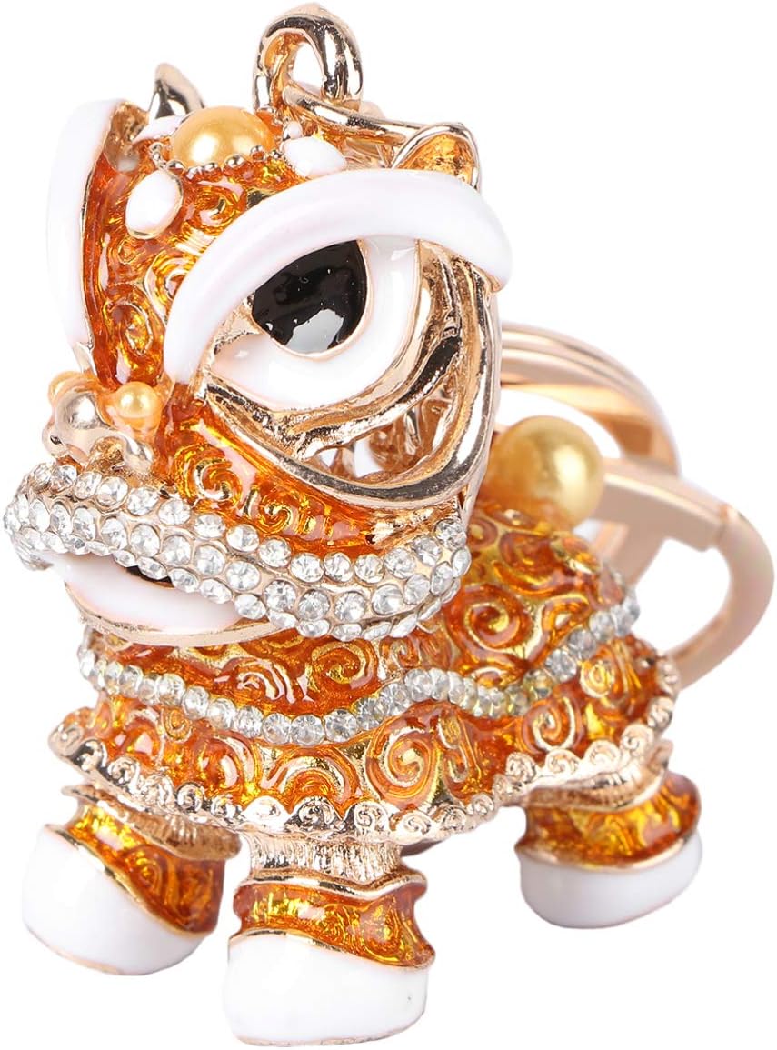 Chinese Lion Keychain Rhinestone Animal Keyring Dance Lion Pendant Purse Handbag Charm for Christmas Carnival Yellow