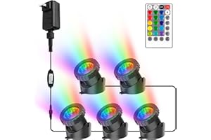 CREPOW RGB Pond Lights with Timer, Super Bright LED Underwater Submersible Colorful Landscape Spotlights, Remote Control IP68 Waterproof Fountain Lights for Fish Aquarium Tank Garden Yard (Set of 5)