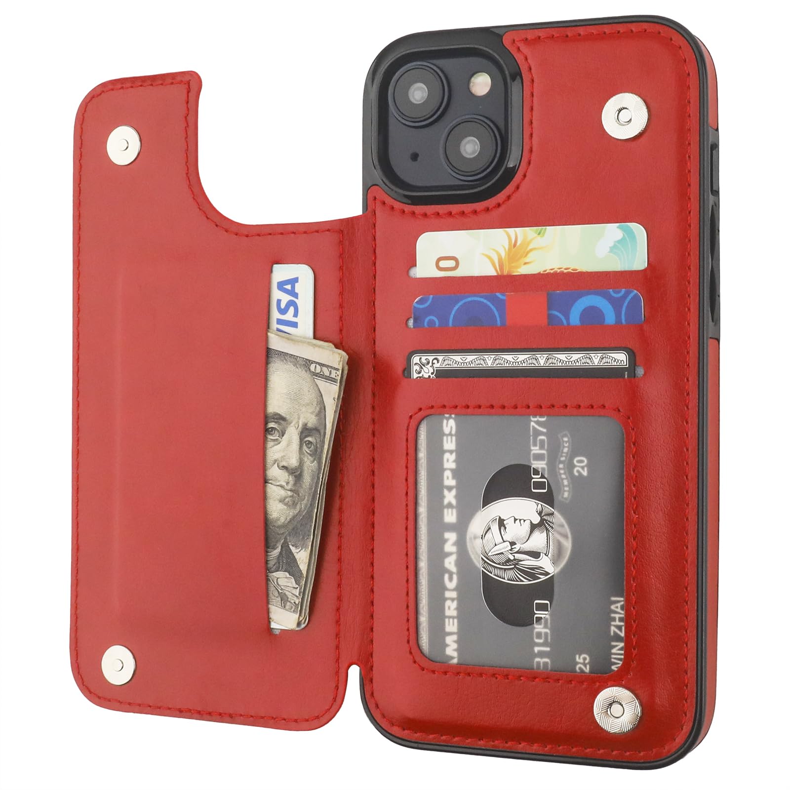 ONETOP Compatible with iPhone 15 Plus Wallet Case with Card Holder, PU Leather Kickstand Card Slots Case, Double Magnetic Clasp and Durable Shockproof Cover 6.7 Inch (Red)