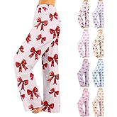 Cute Womens Fall Pajamas Flannel Elastic Waist Wide Leg Bow Pajamas Casual Loose Thermal Cozy Pink Pajama Pants