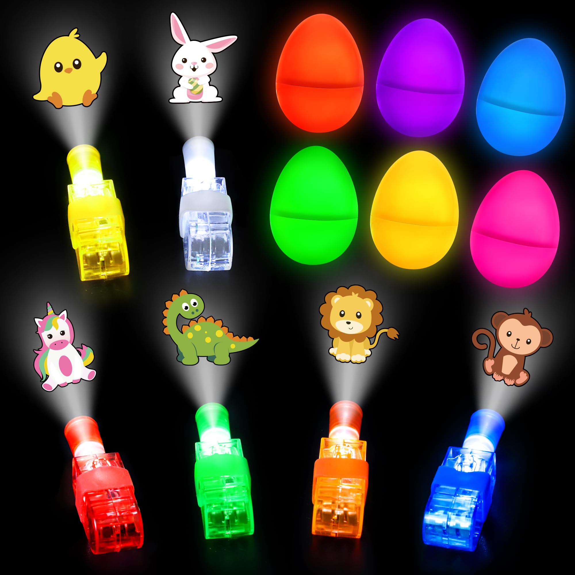 24Pcs Pre filled Easter Eggs with Egg Fillers Finger Lights, Easter Basket Stuffers for Teens Toddler Boys Girls Plastic Easte r Eggs Filled Toys for Kids Party Favors Gifts Glow In The Dark Egg Hunt