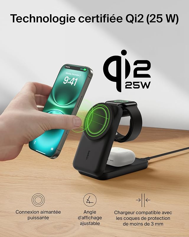 UltraCharge Chargeur Magnétique 3-en-1 avec Qi2, 25 W - Noir