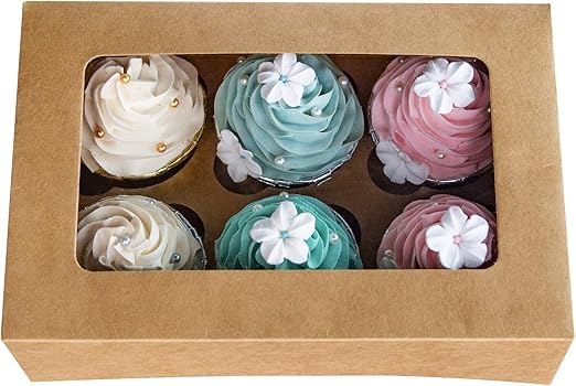 Amazon Com Cupcake Boxes With Inserts 6 Holders 9x6x3inch Large Brown Kraft Standard Bakery Boxes With Window Food Grade Cake Carrier Container For Muffins Gift Treat Box Bulk Pack Of 15 Kitchen Dining