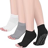 Mepase 3 Pairs Toeless Yoga Socks with Grips for Women Non Slip Split Open Toe Pilates Socks for Stability Workouts, Size 5-9