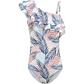 Girls One Piece Swimsuits One Shoulder Ruffle Bathing Suit Kids Hawaiian Floral Swimwear 3-16 Years