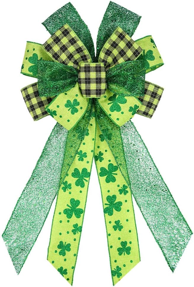 Bows & Ribbons - ABTOLS Large St. Patrick's Day Wreath Bows, Black Green Buffalo Plaid Bows for Wreath Green Glitter Shamrock Bow for Front Door Irish Holiday Hanging Yarn Wreath Bows for Outdoor Fence Party Decor