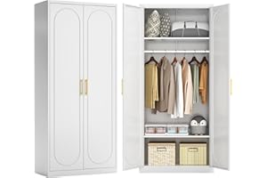 Kubohogar 71" White Wardrobe Closet with 2 Doors, Metal Armoire Wardrobe Cabinet with Hanging Rod and Adjustable Shelves, Clothing Storage Cabinets for Bedroom, Laundry Room, Home Office
