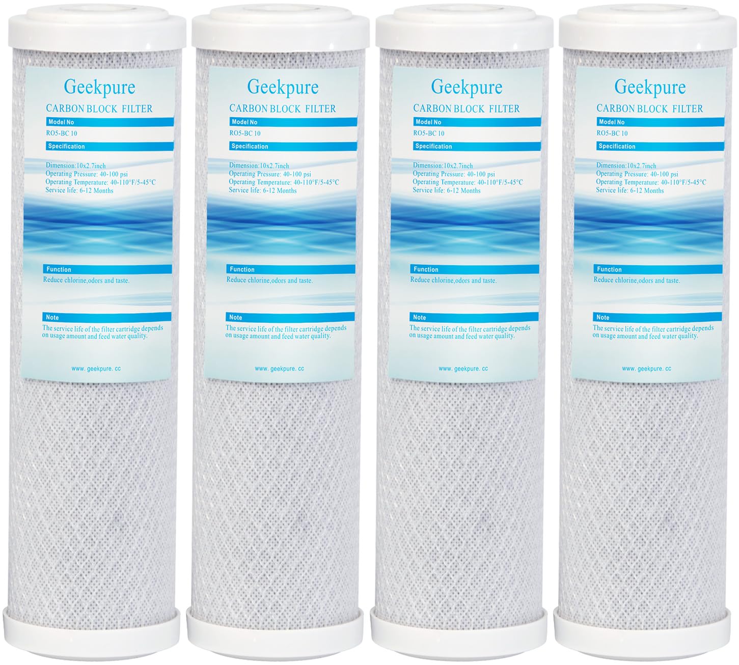 Geekpure 10 Inch Carbon Block Replacement Filter Cartridge for RO Water Filtration System -2.5" x 10" -5 Micron-Pack 4
