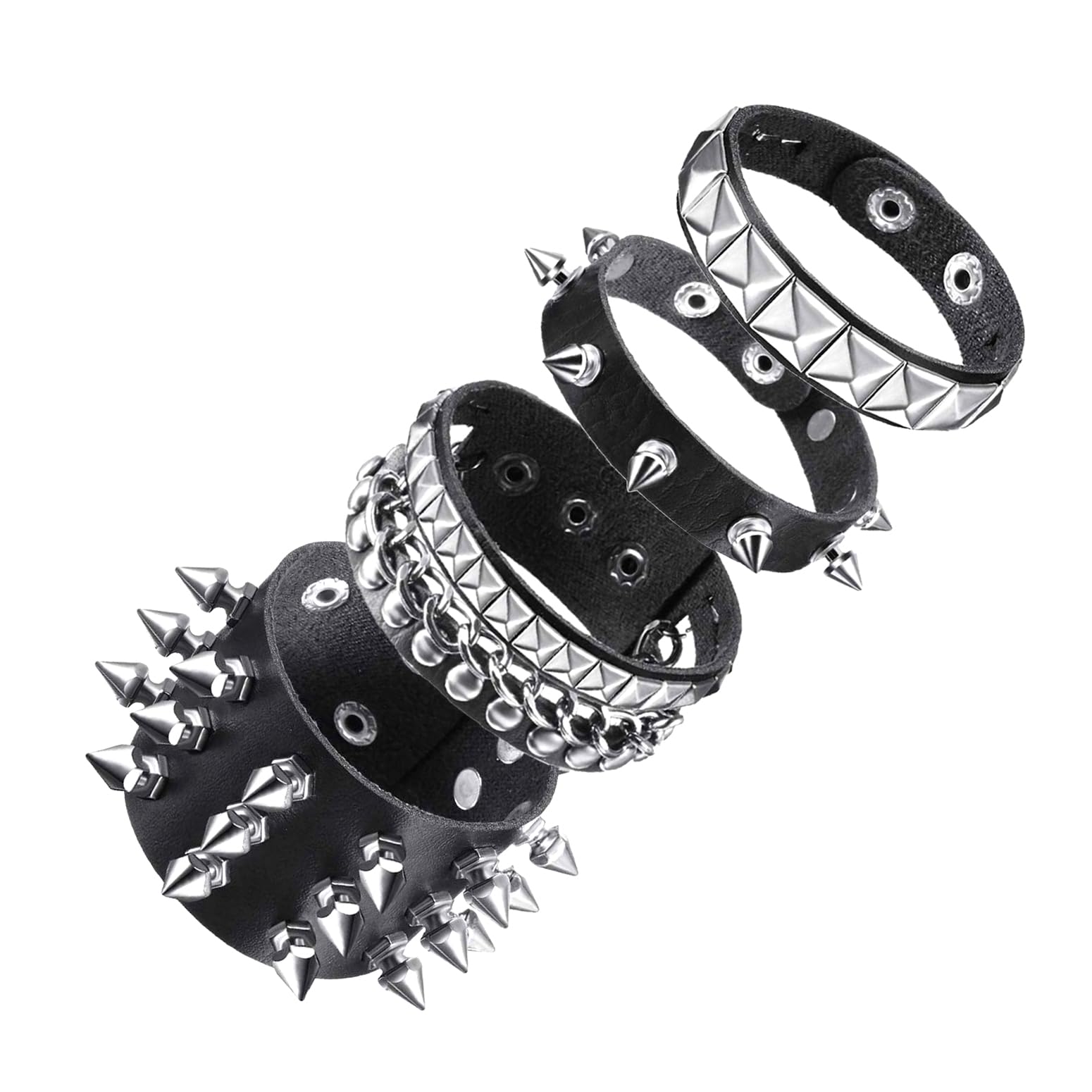 Emo Y2K Indie Grunge Studs Spiked Bracelet Goth Jewelry Accessories for Cool Rocker Skater Biker, 4 Pieces Men Punk Black PU Leather Cuff Bracelets Set