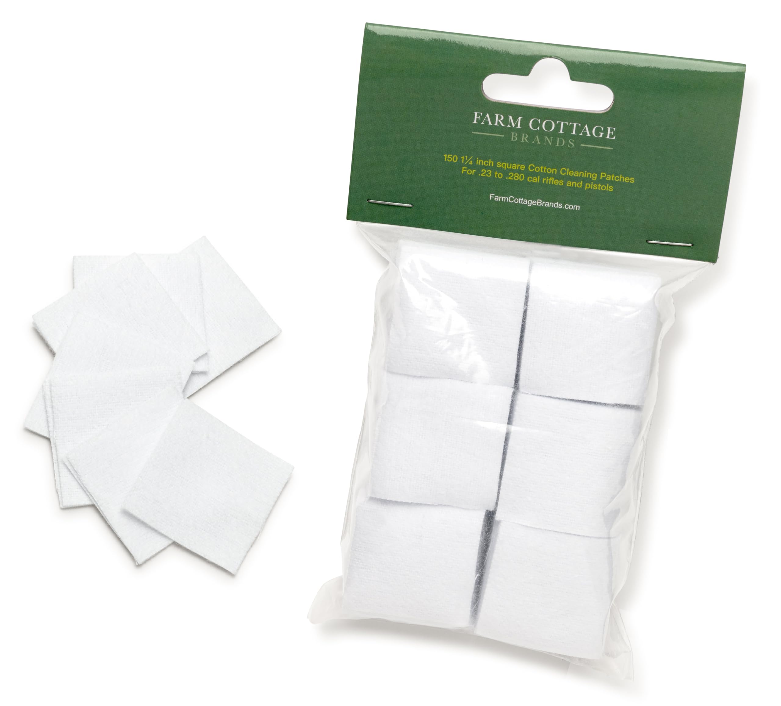 Pack of Farm Cottage Brands 150 1¼ inch square Cleaning Patches for .23 to .243, .270, .28 cal guns/rifles. Clean your rifle and use with a jag/pull through & for cleaning & oiling barrels.