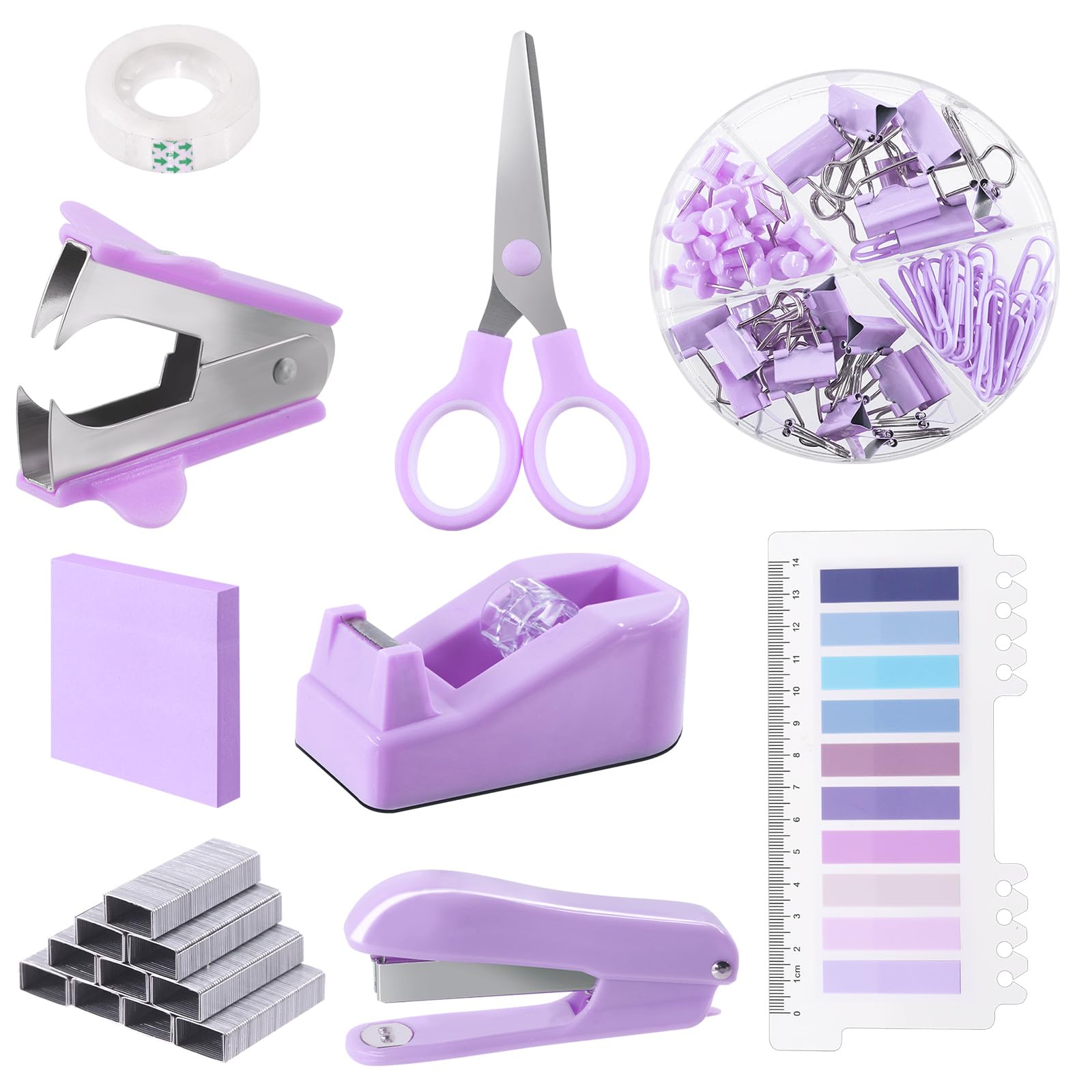 Glarks 1008pcs Purple Office Supplies Kit Desk Accessories Include Stapler, Tape Dispenser, Stapler Remover, Index Tabs, Office Scissor, Sticky Notes for Students or Gift