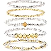 Bohxantium Silver Gold Beaded Bracelets for Women Stackable 14K Gold Plated Beads Ball Cross Bracelet Stack Non Tarnish Elastic Stretch Trendy Jewelry Christian Friendship Christmas Gifts for Women