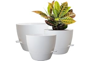 UOUZ 10/9/8 inch Self Watering Pots, Set of 3 Plastic Planters with Mesh Drainage Holes and Deep Reservoir for Indoor Outdoor Garden Plants and Flowers, White
