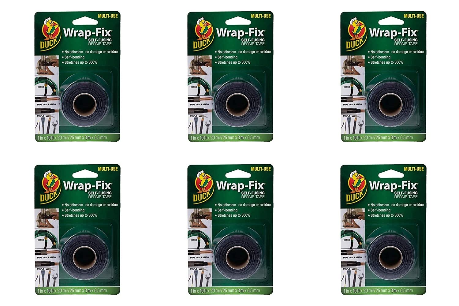 Duck Tape 283037.6 Wrap-Fix Self-Fusing Repair Tape 25mm x 3m, Pack of 6, Black