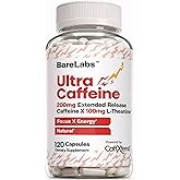 BareLabs Extended Release Caffeine Pills + Caffeine L-Theanine + Focus & Energy Supplement + No Jitters, No Crash + Natural - 120 Capsules