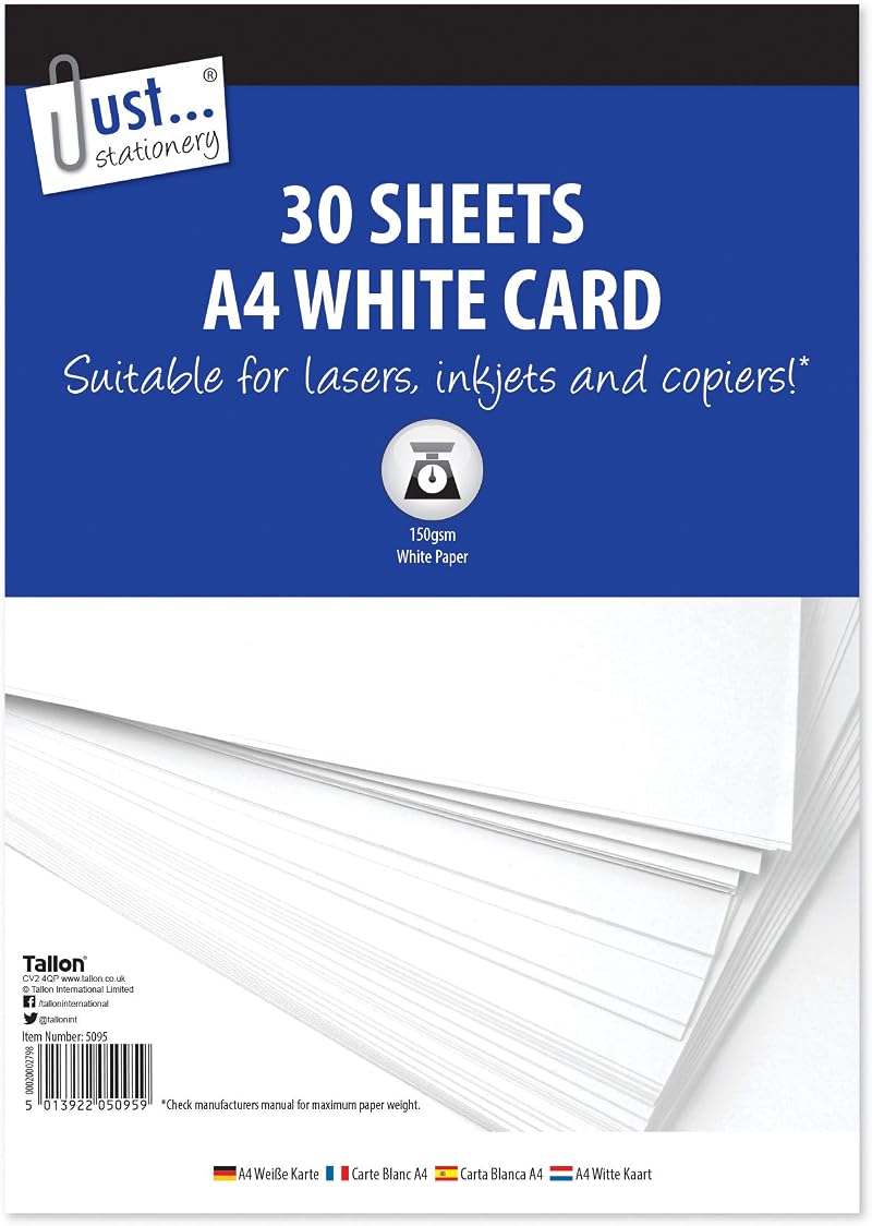 Just Stationery 5095 A4 30 Sheet White Card 150gsm Plain White