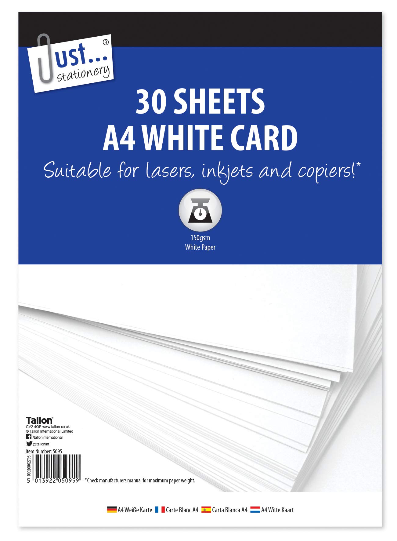 Just Stationery 5095 A4 30 Sheet White Card