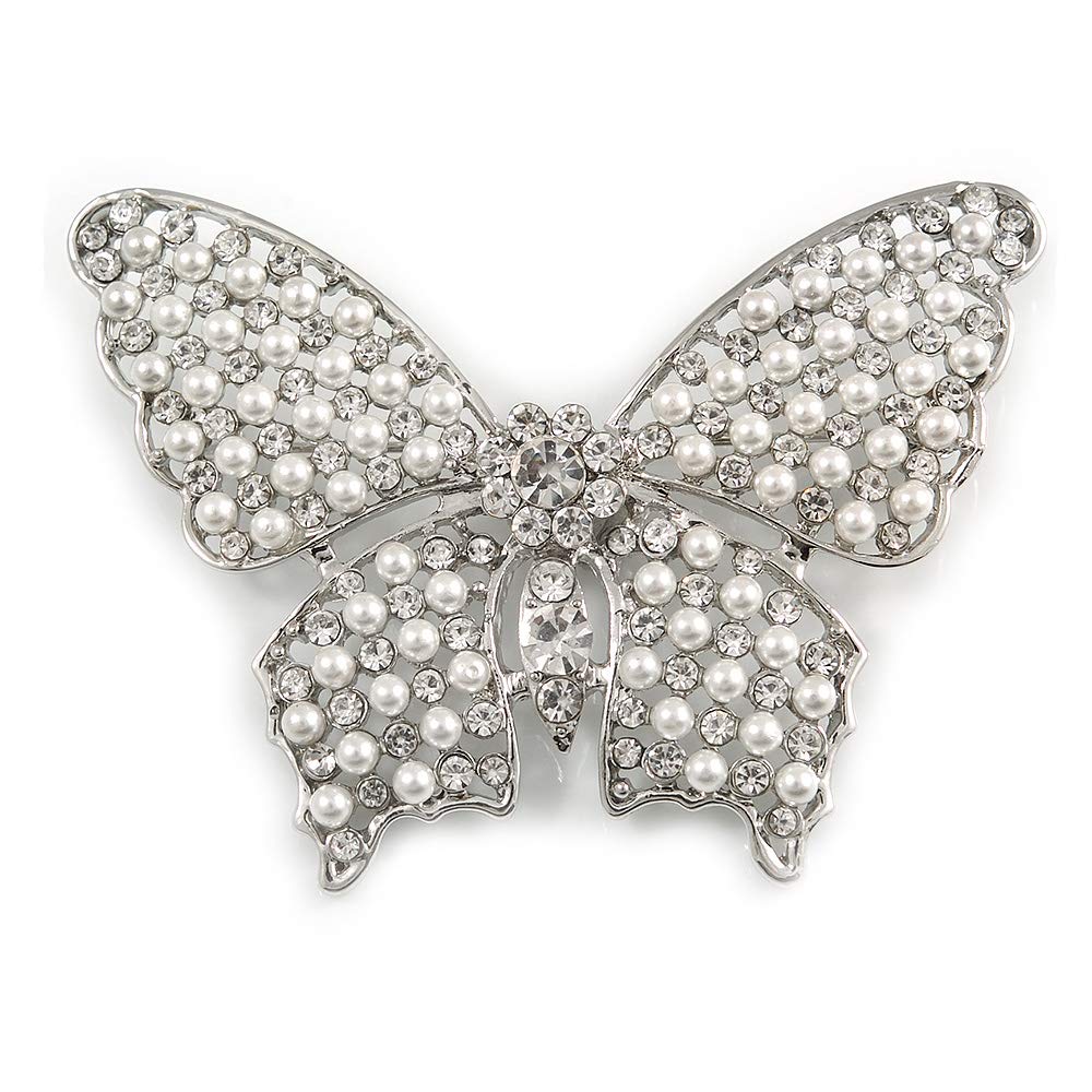 Large Faux Glass Pearl, Clear Crystal Butterfly Brooch In Rhodium Plating - 70mm Across