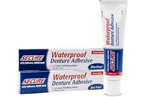 Secure Waterproof Denture Adhesive - Zinc Free - Extra Strong 12 Hour Hold - 1.4 oz (Pack of 2)