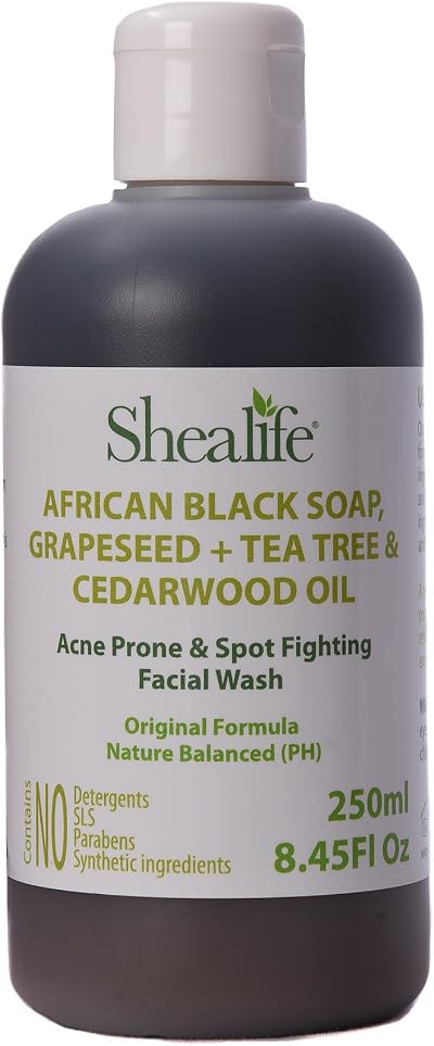 Shealife African Black Soap Liquid Face Wash Grapeseed Tea Tree Cedarwood Acne