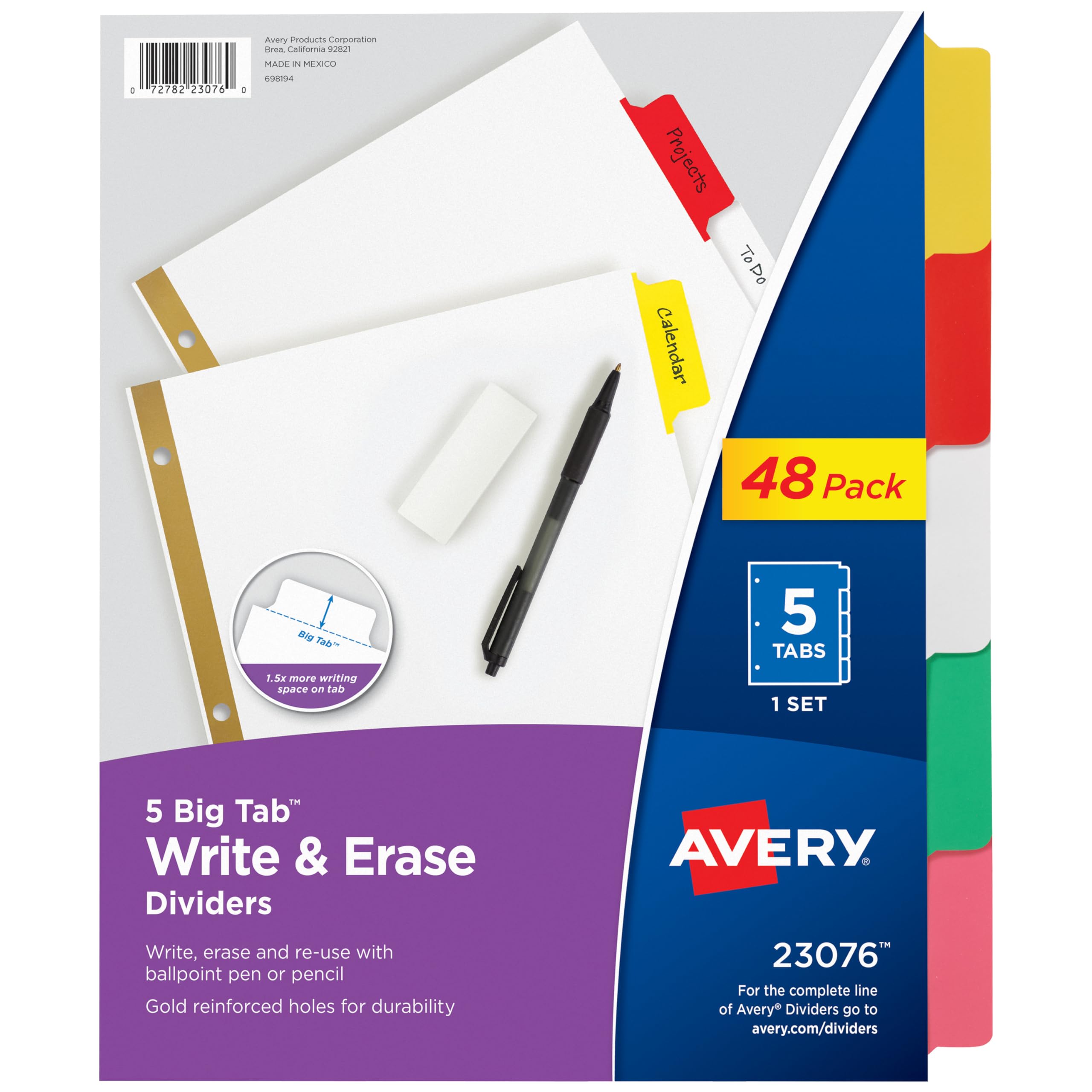 Avery Big Tab Write & Erase Dividers, 5 Multicolor Tabs, Case Pack of 48 (23076) — image 1