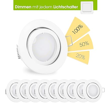 linovum® fourSTEP LED Einbauspot schwenkbar 10er Set inkl. Leuchtmittel 230V dimmen ohne Dimmer - Deckenleuchte weiß lackiert