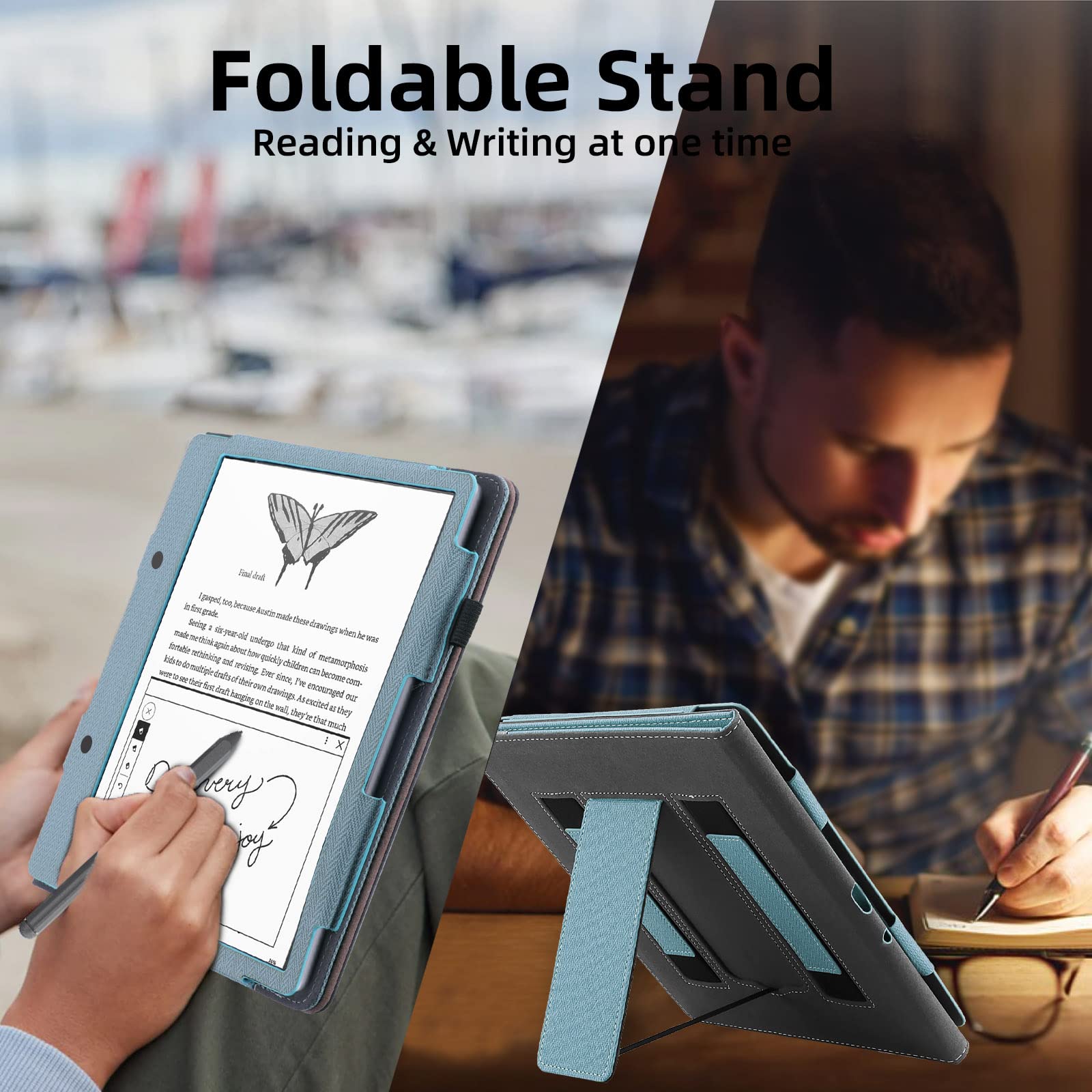 WALNEW Stand Case for Kindle Scribe 10.2 Inch (2024/2022 Released) – Two Hand Straps Premium PU Leather Cover with Auto Sleep/Wake and Pen Holder for Amazon Kindle Scribe Ereader (New Blue)
