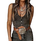 Mylleure Women Y2K Button Down Denim Vest Vintage Sleeveless V Neck Jean Corset Crop Tank Top Sexy Fitted Cowgirl Streetwear